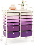 GOFLAME 12-Drawer Rolling Storage Cart, Multipurpose Organizer Cart with 2 Sizes Plastic Drawers, Mobile Utility Cart with Lockable Casters for School, Home Office, Beauty Salon, Purple Gradient