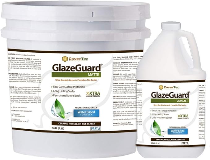 GlazeGuard Matte Floor Sealer Wall Sealer for Ceramic, Porcelain, Stone Tile Surfaces (3 Gal - Prof Grade (2) Part Kit)