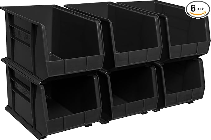 Akro-Mils 30260 AkroBins Plastic Storage Bins, Space-Saving Stackable Bins for Garage, Pantry, Craft Organization, 18" x 11" x 10", Black, 6-Pack