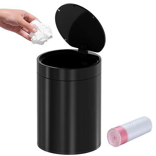 Mini Trash Can for Desk with Pop Up Lid,1.5L Tiny Trash Can for Desk, 0.4 Gal Stainless Steel mini Desk Trash can with Lid，Small Counter Garbage Bin with 1 Roll Bags for Bathroom,Office(Black)