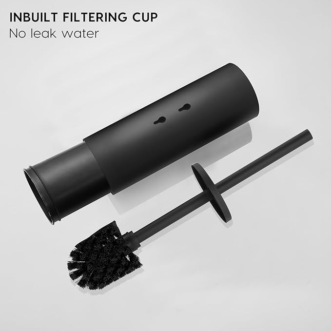 Toilet Bowl Brush and Holder, 304 Stainless Steel No-Punch Hook Base Dual Purpose Toilet Brush Holder with Removable Inner Bucket and Splash Cover - Soft Bristles (Black)