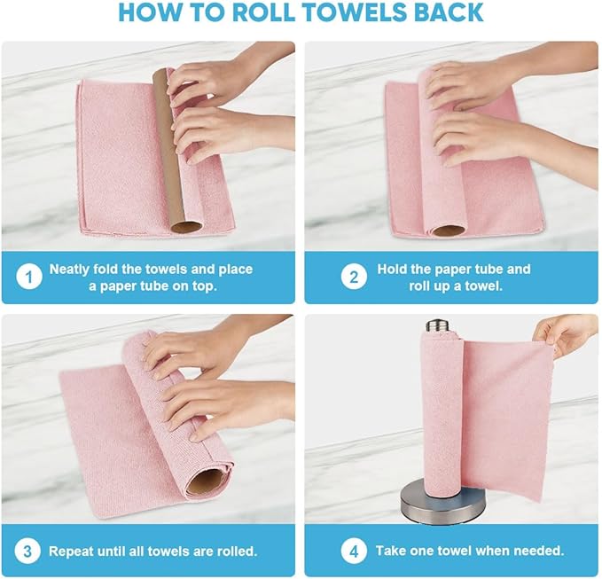 AIDEA Microfiber Cleaning Cloth Roll, 55 Sheets, Pink Towel, Microfiber Towels for Cars, Reusable Paper Towels, Shop Rags Washable, Cleaning Rags for Automotive, House, Kitchen, Cleaning Supplies11×9"