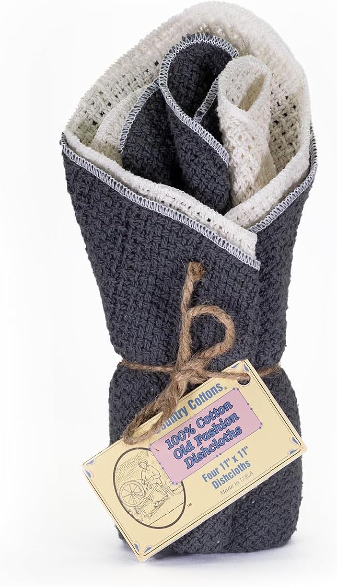 Old Fashion 100% Cotton Dishcloths - Set of 4 Mixed Colors - 2 Gray/2 Natural -11" x 11"