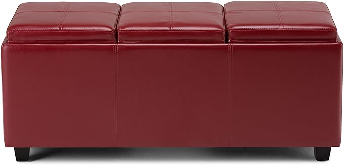 SIMPLIHOME Avalon 42 inch Wide Contemporary Rectangle Storage Ottoman in Red Vegan Faux Leather, Assembled, for the Living Room, Entryway and Family Room