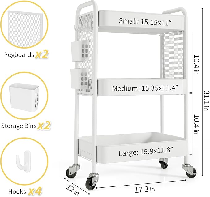 TOOLF 3 Tier Rolling Cart Storage Organizer, Metal Rolling Utility Cart with Wheels, Hooks & Bins Esthetician Craft Art Sturdy Storage with Pegboard for Bathroom, Kitchen, Office, Nursery Diaper