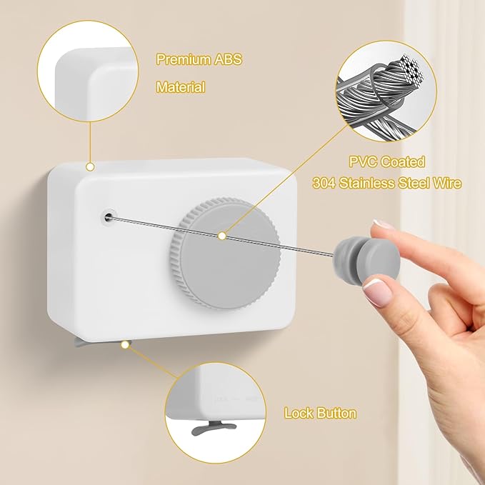 Retractable Clothesline Indoor/Outdoor, Anti-Sag for Drying Clothes Line Retracting Indoor/Outdoor, We Equipped This 13.8 Fts Laundry line Retractable with 4 Large Clips