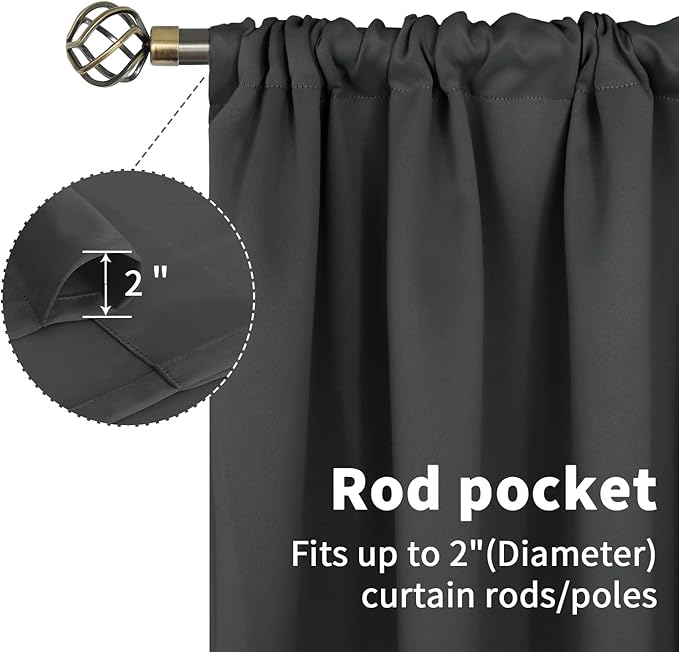 BGment Short Blackout Curtains 48 Inches Length - Rod Pocket Thermal Insulated Room Darkening Window Drapes for Kitchen Bedroom Bathroom, Dark Grey, 2 Panels, 42 x 48 Inch