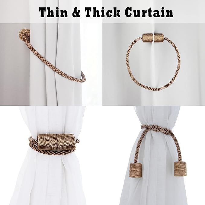 6 Pack Khaki Strong Magnetic Curtain Tiebacks Outdoor Elegant Decorative Tie Backs Modern Rope Tiebacks for Drapes Window Curtain Holdbacks for Draperies