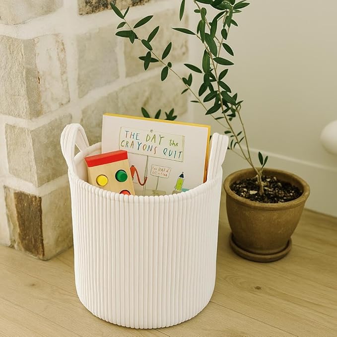 PUTSKA Blanket Basket – Round Storage for Toys and Blankets, Clothes, Stuffed Animals – Soft Baby Girl Basket for Nursery, Kids Room, Bedroom, Living Room – Regular, Cream