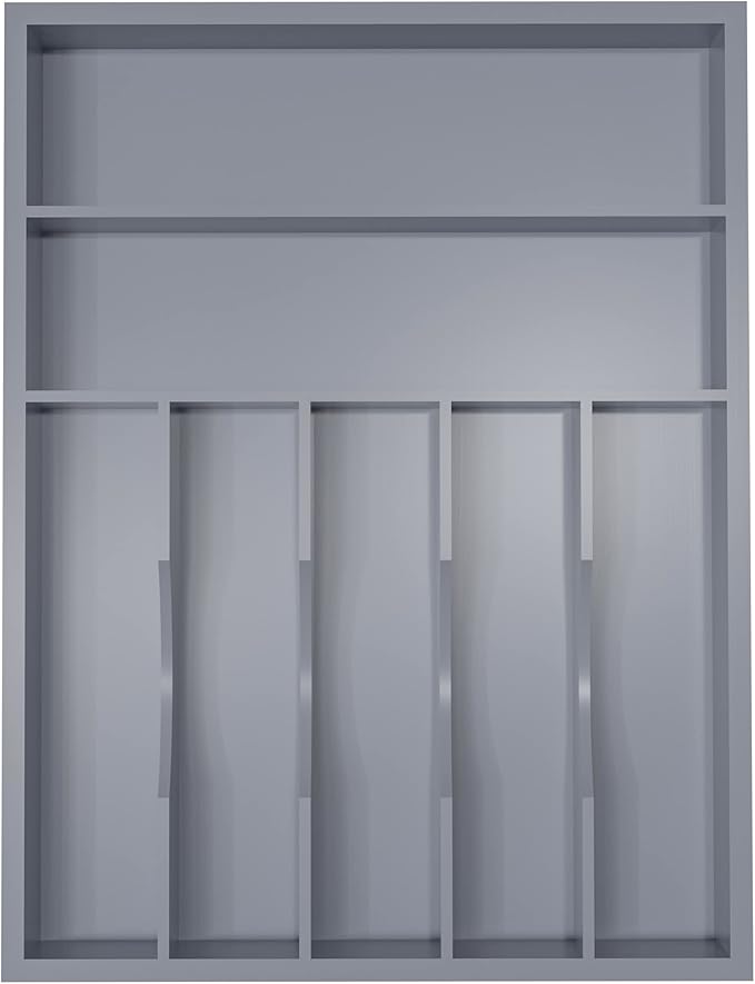 Utensil Organizer Silverware Drawer Organizer - 7 Slots Bamboo Utensil Tray Multifunctional Small Silverware Organizer for Kitchen Utensils, Garage Tools, Makeup Storage W13”x L17” (Grey)