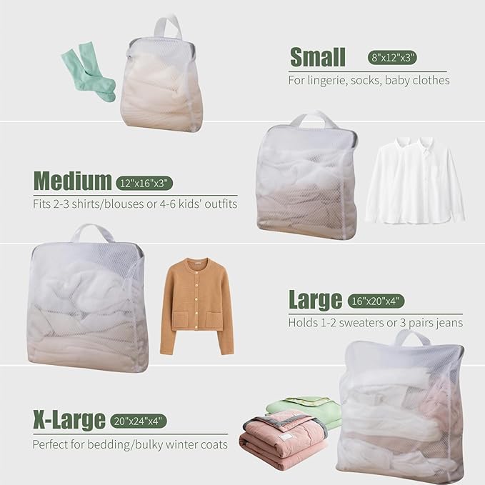 GWT 4Pcs 3D Mesh Laundry Bags with Hanging Handles (S/M/L/XL) - Durable Zippered Wash Bags for Delicates, Shoes & Bulk Clothes - Space-Saving Foldable Design