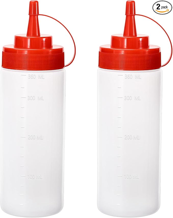 Squirt Bottles for Sauces Ketchup Bottles Squeeze, 2 Pack 12oz Condiment Squeeze Bottles for Liquids BBQ Dressing Pancake Art, Plastic Sauce Bottle with Cap Lid