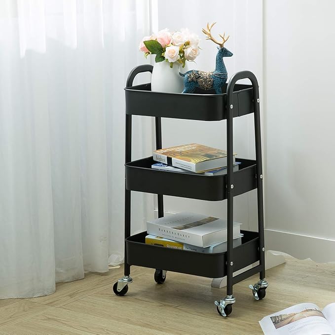 AGTEK Makeup Cart, Movable Rolling Organizer Cart, Black 3 Tier Metal Utility Cart