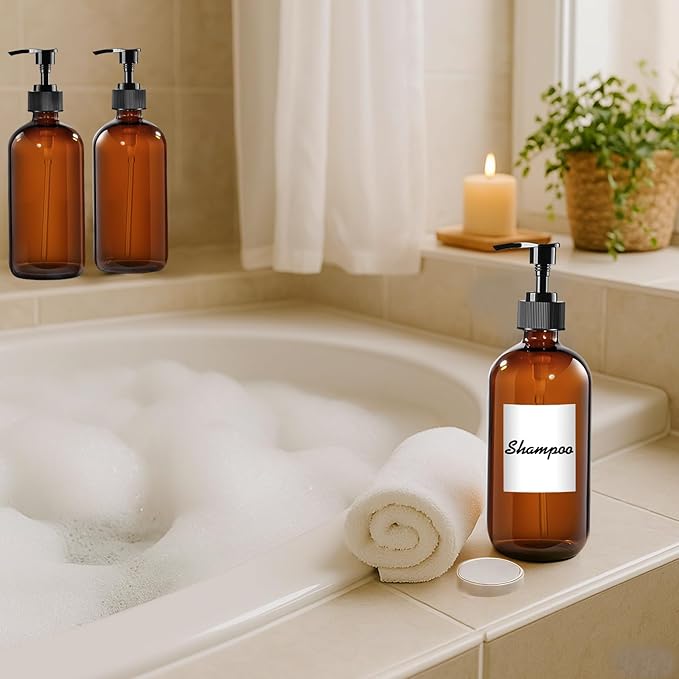 12 Pack Amber Glass Bottles 16oz with Pump Dispensers, Refillable Empty Pump Bottles for Bathroom, Kitchen, Shampoo, Soap, Lotion – Includes 2 Funnels & 12 Labels
