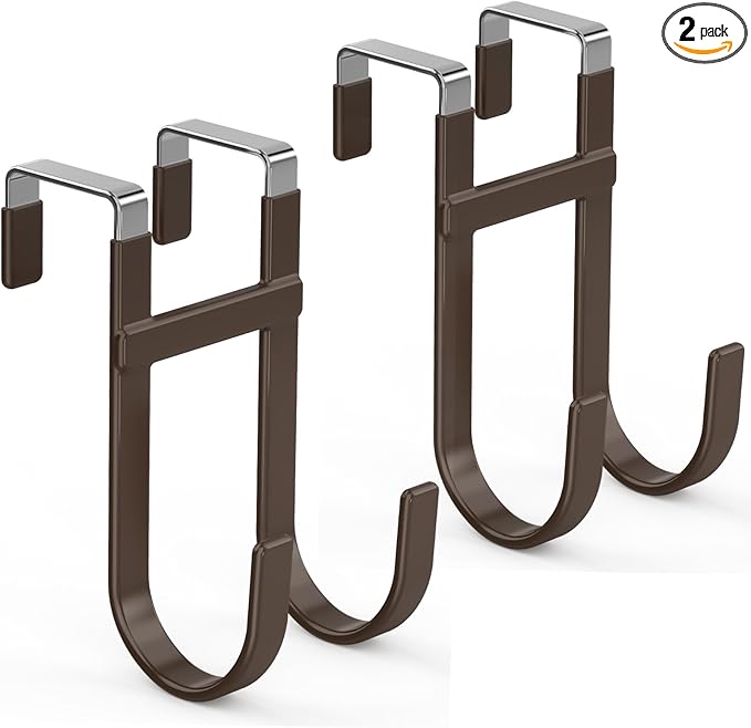 FYY Over The Door Hooks - 2 Pack Heavy Duty Dual-Hook Organizer Hanger with Non-Slip Rubber for Towels, Clothes, Hats & Bags Use in Bathroom, Bedroom, Kitchen - Fits Interior Doors Up to 1 3/8" Brown