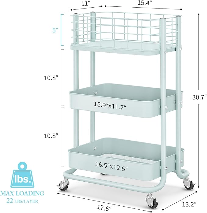 KINGRACK 3 Tier Rolling Cart, Metal Mobile Storage Shelf with Lockable Wheels, Prevent Falling Utility Trolley Cart, Storage Organizer for Kitchen, Office, Bathroom, Dorm, Green