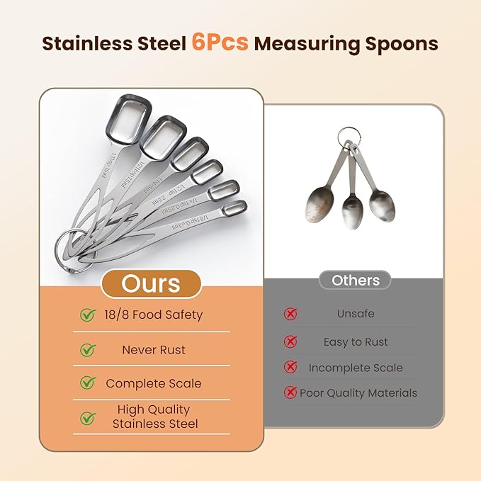 6PCS Narrow Measuring Spoons Set, Stainless Steel Measuring Spoon Fits in Spice Jars, Metal Teaspoon Measuring Spoons, Rectangular Tablespoon, Long Measuring Spoons for Dry & Liquid Ingredients