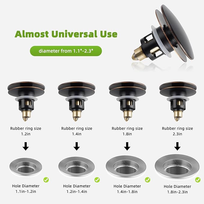 Universal Bathroom Sink Drain Strainer Hair Catcher Upgraded with Removable Stainless Steel Filter Basket, 2 in 1 Pop Up Sink Stopper for 1.1''~2.36'' Sink Basin Hole, Big Cover Cap, Oil Rubbed Bronze