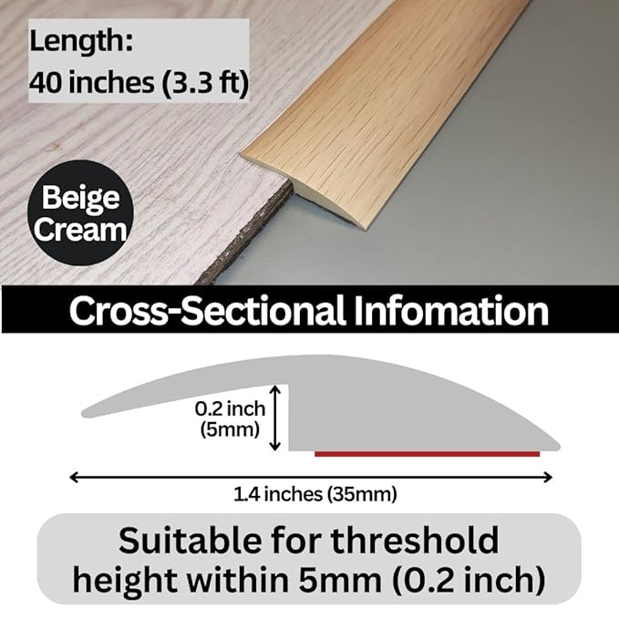 1/5 inch Height Floor Transition Strip, Self Adhesive Carpet Wood Tile Vinyl Flooring Laminate Transition Cover Edge Trim Gap Doorway Threshold for Uneven Floors (40 inches, Beige Cream)