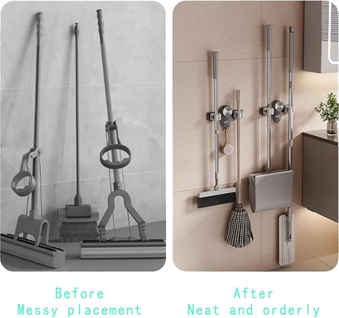 Mop and Broom Holder Wall Mount, No Punching Required Broom and Mop Organizer Wall Hanging with Hooks for Bathroom, Laundry Room, Garage, Kitchen,Garden Tool Organizer Storage (2pcs Gray)