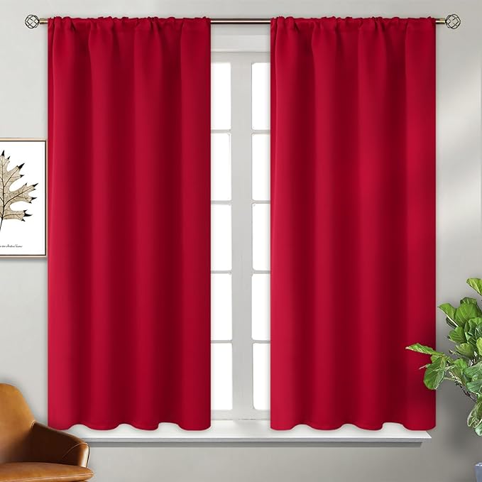 BGment Red Blackout Curtains 48 Inches Length for Bedroom - Short Thermal Insulated Drapes with Rod Pocket Room Darkening for Kitchen Cafe Bathroom, 2 Panels, 42 x 48 Inch