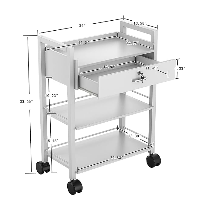 Paddie Salon Trolley Cart, Wooden Mobile Utility Cabinet Lab Cart with 1 Drawer 2 Trays, Rolling Storage Station Beauty Salon Rolling Trolley for Beauty Spa (White)