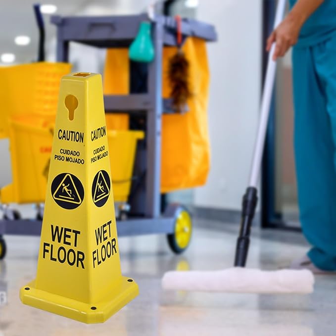 4-Pack 26.5" Caution Cones, 4-Sided Visible Safety Signs with Heavy Rubber Base, Warning for Slip & Fall Prevention, Indoor/Outdoor Use (Yellow, 4Pcs-Caution Wet Floor)