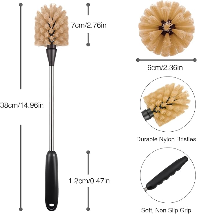 Bottle Brush, 15-inch Stainless Steel Long Handle Cleaning Brush, Kitchen Cleaning Brush, for Cleaning Water Bottles, Glasses, Baby Bottles, Glassware, Food Jars, Cups, Wine Aerators, Brown