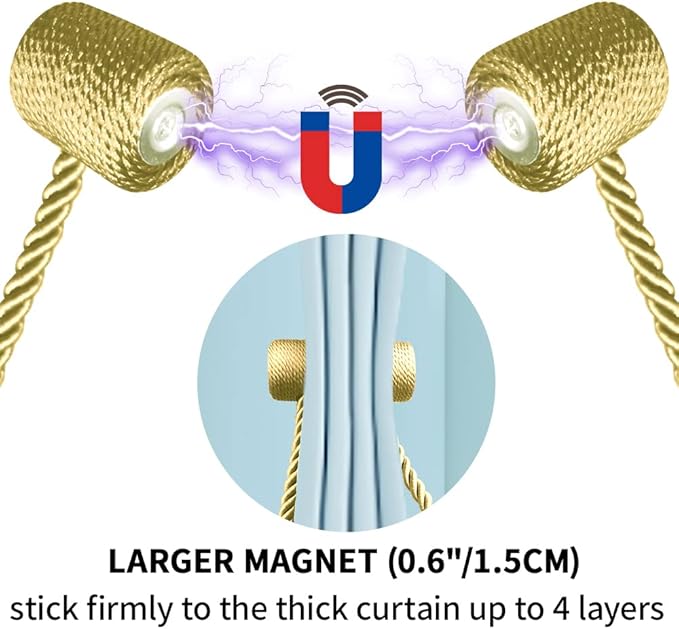 18 Inch Strong Magnetic Curtain Tiebacks, Curtain Holdbacks Modern Upgrade Strong 2021 New Twisted Style Decorative Drapery Rope Tie Backs(4 Pack Gold)