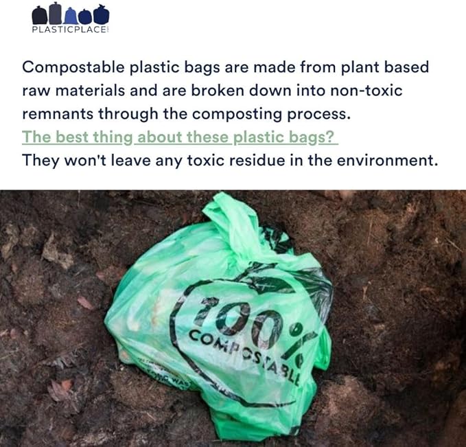 Plasticplace 12-16 Gallon Compostable Trash Bags │ 1Mil │ Green Tint Garbage Can Liners │ 24” x 33” (100 Count)