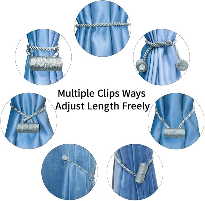 18 Inch Strong Magnetic Curtain Tiebacks, Curtain Holdbacks Modern Upgrade Strong 2021 New Twisted Style Decorative Drapery Rope Tie Backs(2 Pack Grey Blue)
