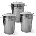 Plexon Round Trash Can 13 Gallon, Vintage Metal Outdoor Trash Can with Lid, Retro Farmhouse Garbage Container, Old School Modern Ash Bucket, Galvanized Steel 3 Pack