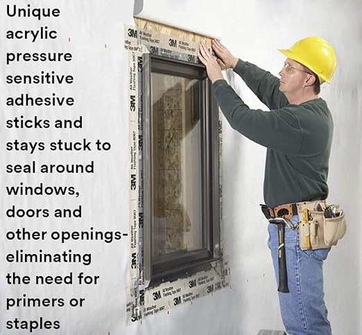 3M All Weather Flashing Tape 8067, 3 in x 75 ft, 1 Roll, Adhesive Backed Split Liner, Prevents Moisture Intrusion, Waterproof Flashing Seals Doors, Windows, Openings in Wood Frame Construction