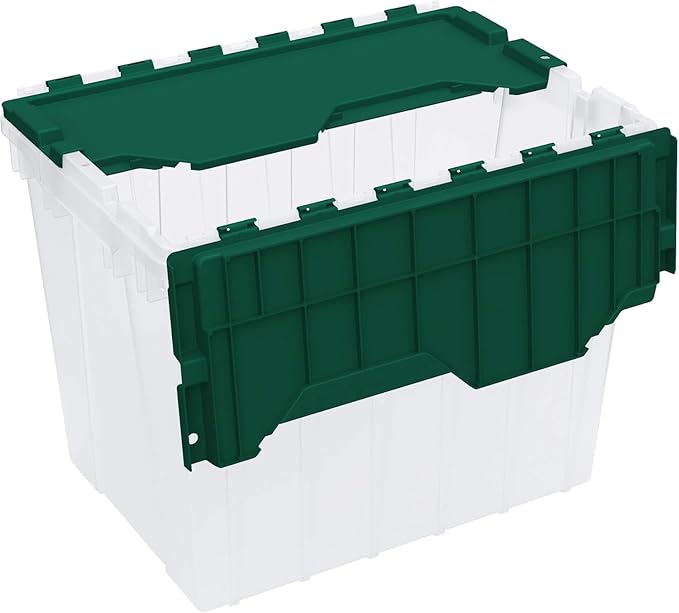 Akro-Mils KeepBox 18 Gallon Storage Container, Nesting and Stackable Plastic Storage Box with Lid Attached, Clear Tote for Garages, Closets, and Moving, 21" x 15" x 17", Clear/Green
