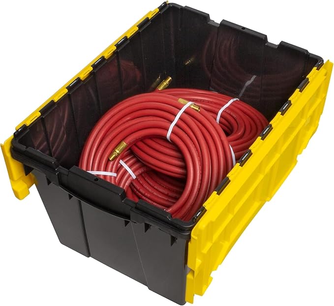 Akro-Mils KeepBox 12 Gallon Storage Container, Nesting and Stackable Plastic Storage Box with Lid Attached, Clear Tote for Garages, Closets, and Moving, 21-1/2" x 15" x 12-1/2", Black/Yellow