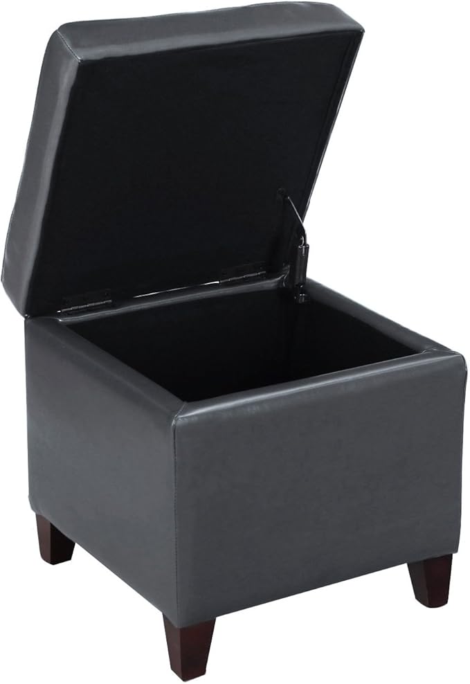 Adeco Bonded Leather Square Tufted Cubic Cube Storage Footstool, 18" Inch Ottomans & Storage Ottomans, With Lid, Dim Gray
