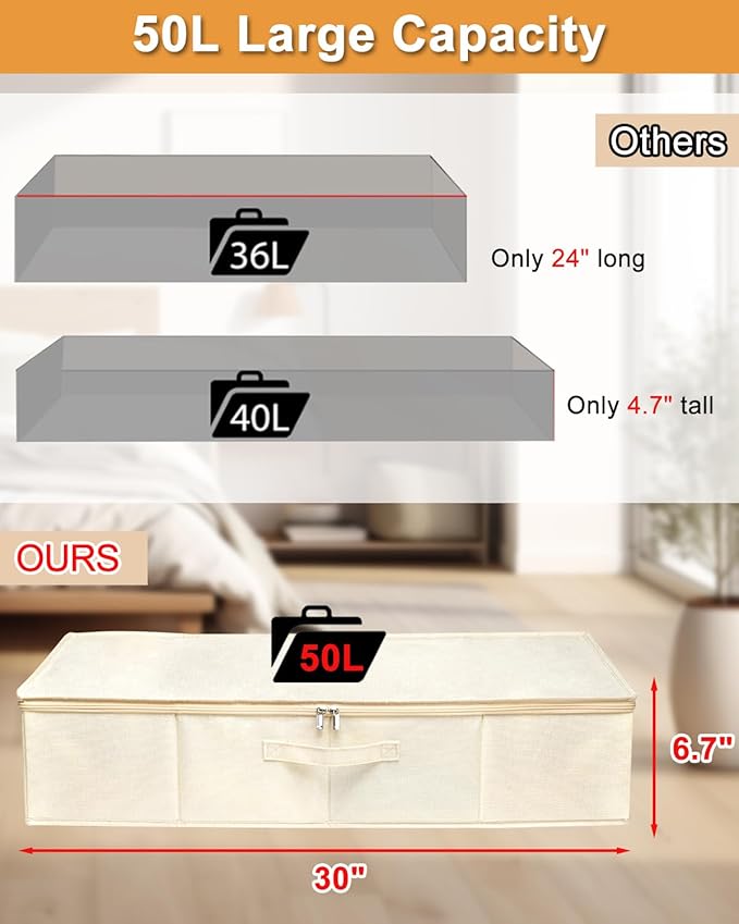Under Bed Storage, 2 Pack Clothing Storage Bags W/Upgraded Handles, Large Capacity Underbed Shoe Container Organizer, Breathable Dorm Essentials Bins for Blanket, Pillows, Comforters & Quilts, Beige