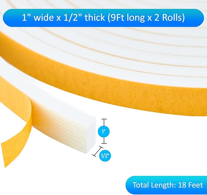 High Density Foam Weather Stripping Door Seal Strip Insulation Tape Roll for Insulating Door Frame, Window, Air Conditioner | Self Adhesive Sealing Weatherstrip (White, 1 in x 1/2 in x 18 Ft)