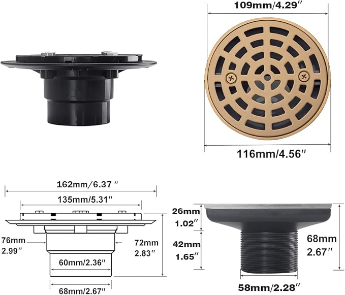 RANDOM Round Shower Drain SUS304 Stainless Steel Champagne Bronze Shower Drain 4 inch with Adjustable PVC Base Flange,Shower Floor Drain with Removable Cover Grid Grate