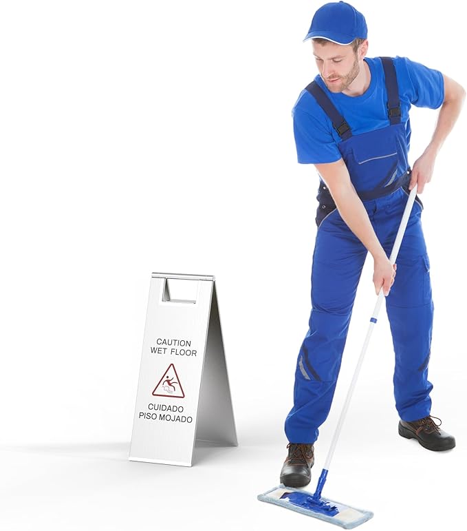 Stainless Steel Wet Floor Sign 2 Pack, 24 Inch Double-Sided Foldable Caution Sign with Handle, 8.8 lb Bilingual Warning for Restaurant, Office, Commercial Cleaning Use, Silver