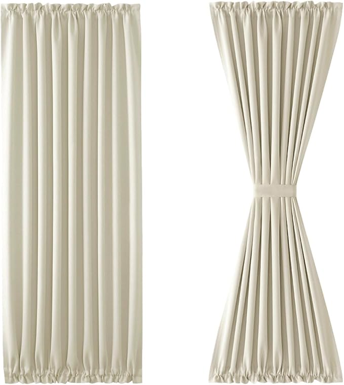 DWCN French Door Curtains – Rod Pocket Thermal Blackout Curtain for Window/Patio Doors/Doorways/Classroom/Kitchen for Privacy, 36W by 80L Inches, 1 Panel with Tieback, Light Beige