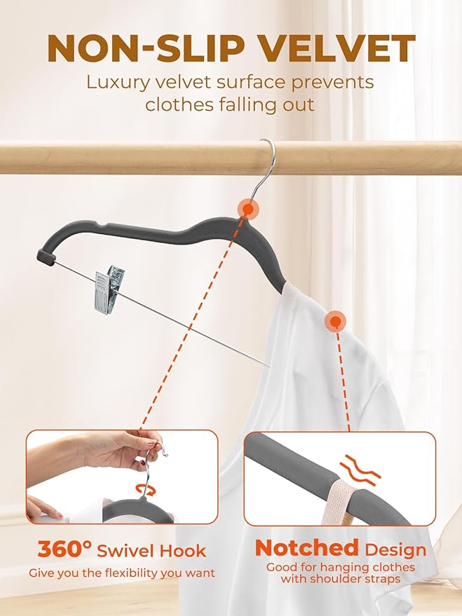 HOUSE DAY Velvet Skirt Hangers 36 Pack, Gray Velvet Hangers with Adjustable Clips, Space Saving Slim Velvet Pant Hangers, Heavy Duty Shorts Hangers, Non Slip Clip Hangers for Pants, Skirts, Shorts