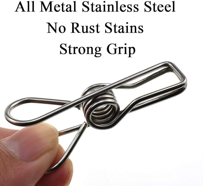 HAHIYO Clothespins Chip Clips All Metal Stainless Steel No Rust Stains Strong Grip in Heavy Wind 2 Inches 24 Pack Do Not Fall Apart Open Wide for Holding Clothes Snack Bag Clamps