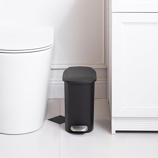 Amazon Basics Compact Plastic Bathroom Trash Can with Hands Free Foot Pedal, Quiet Close Step-On, 6 Liters, Black, Lid Included