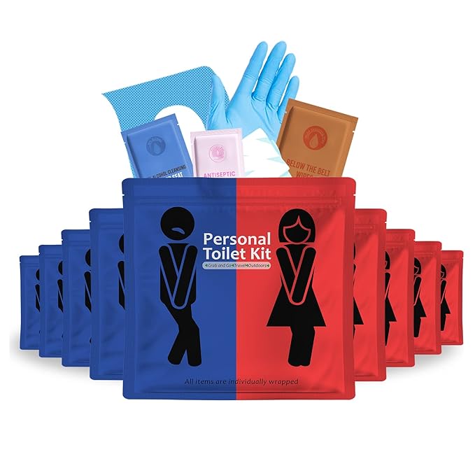 Personal Toilet Kit To Go – 10 Pack | Disposable Public Restroom Kit | Individually Wrapped for Toilet Protection Kit | Toilet Paper, Toilet Seat Cover, Butt Wipes, Cleansing Wipes (Red and Blue)