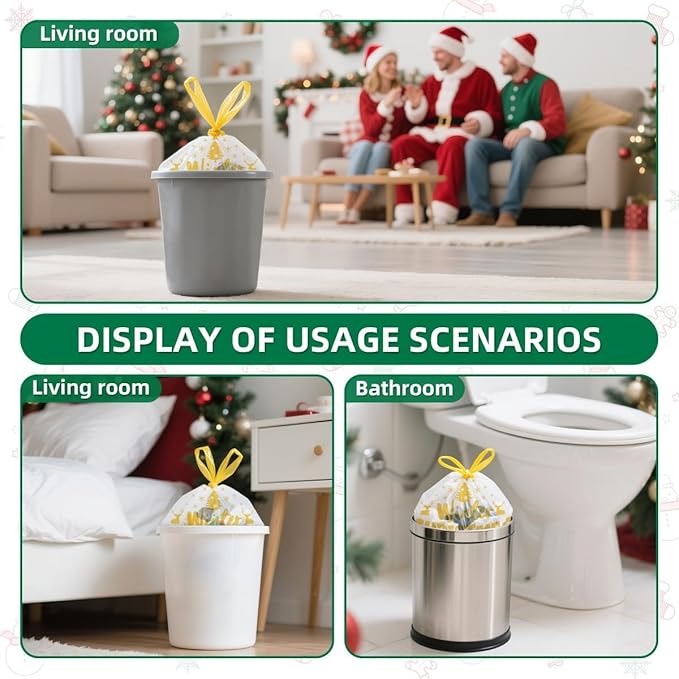 XUXRUS Small Christmas Trash Bags, 3 Gallon Christmas Garbage Bags 50 Count, Holiday Trash Bags, Festive Gold Printed Drawstring Garbage Bags for Kitchen & Bathroom, Holiday Supplies