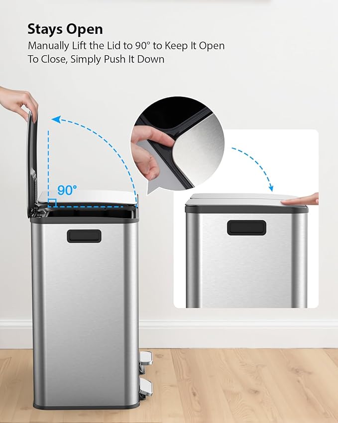 Lovewind Trash Can, 2 x 10.5 Gallon (2 x 40 L) Garbage Can for Kitchen Dual Compartment Recycling Kitchen Step Trash Bin, Stainless Steel Trash and Recycle Bin Combo with Soft-Close Lid, Silver