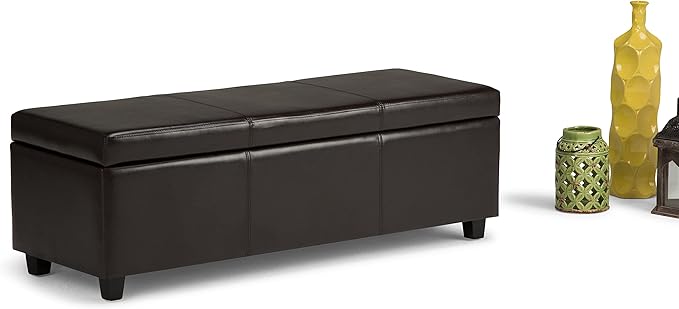 SIMPLIHOME Avalon 48 inch Wide Contemporary Rectangle Storage Ottoman Bench in Tanners Brown Vegan Faux Leather, Assembled, For the Living Room, Entryway and Family Room