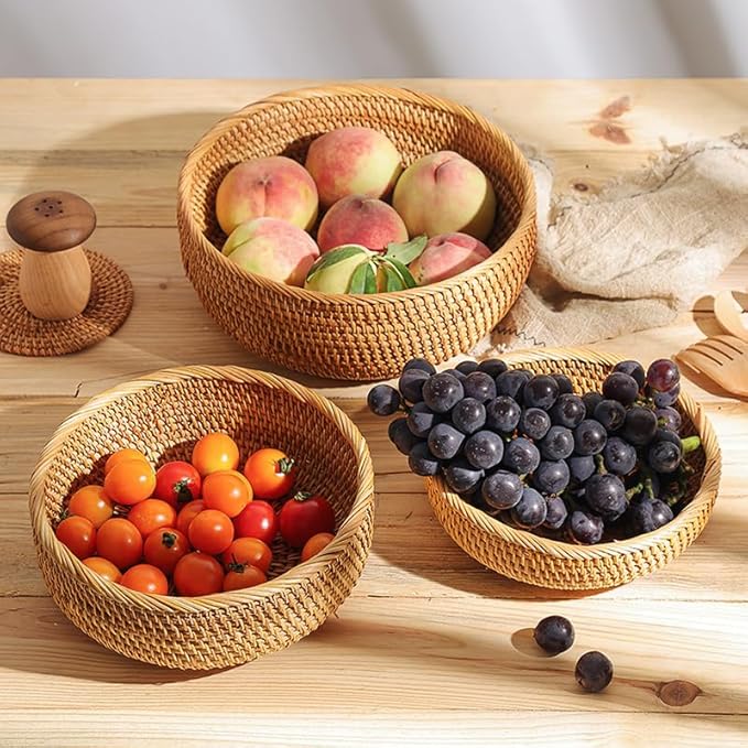 Rattan Bread Basket, Hand Woven Fruit Basket, Wicker Serving Basket Bowl, Decorative Baskets for Kitchen Counter Organizing, Set of 3 (Round)