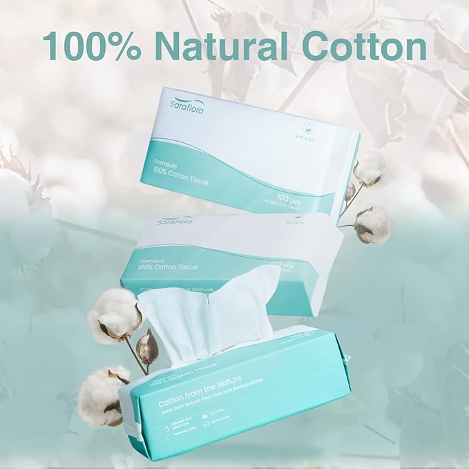 Saraflora 100% Cotton Facial Tissue Soft Dry Wipe 6 Pack, Use for Sensitive Skin Disposable Face Towel Extra Thick Dry and Wet Use Disposable Cotton Tissues for Washing Face Makeup Wipes（600 Count ）